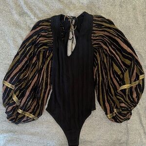 Elegant Black Bodysuit with Striped Sleeves